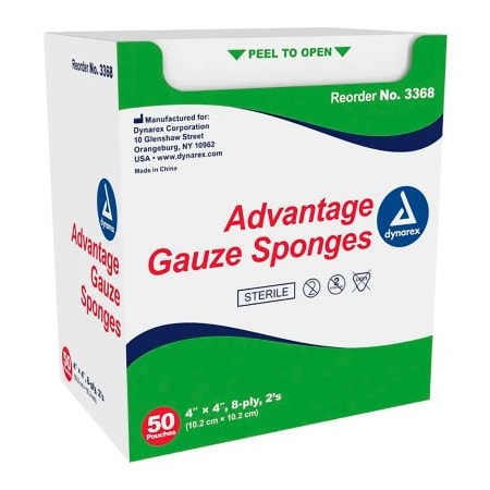 Dynarex Advantage Gauze Sponge, Sterile, 4inL x 4inW, 8 Ply, 600 Pcs 3368